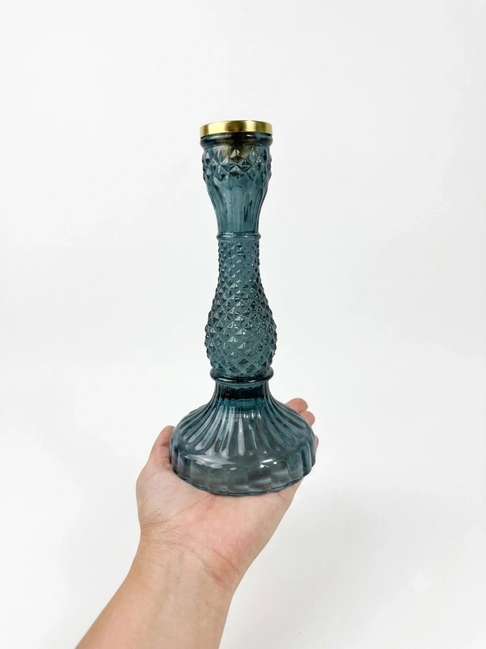 Opalhouse Boho Chic Blue Glass Taper Holder – Ribbed & Diamond Cut Glass Decor